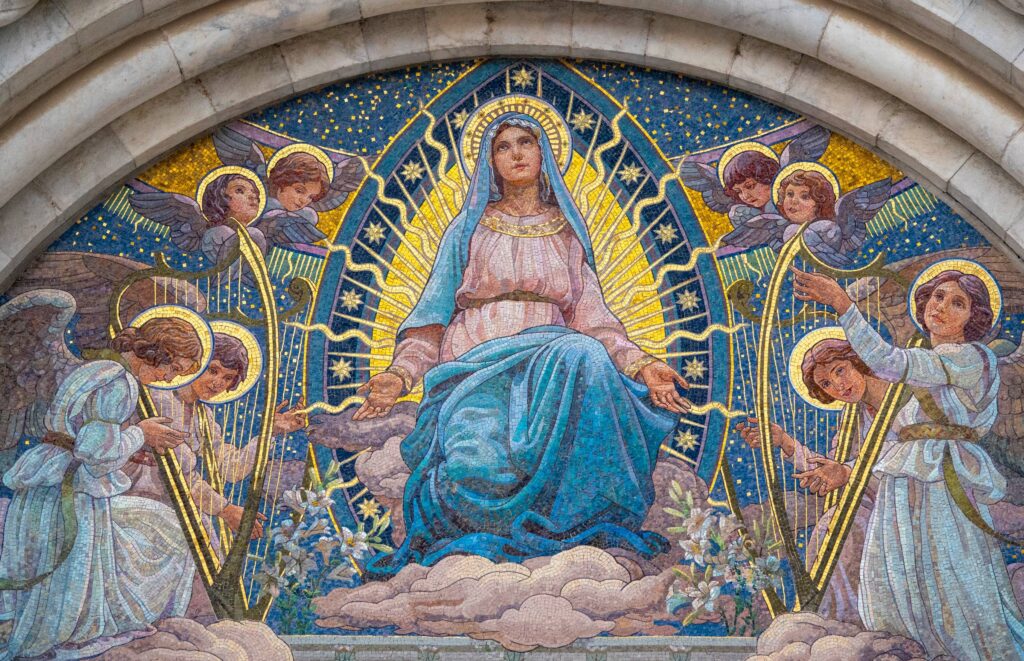 a lovely woman in blue with a gold halo and many angels with halos around her