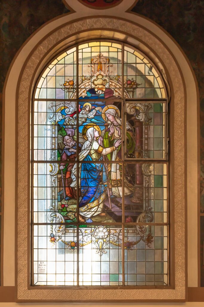 stained glass window of the Visitation