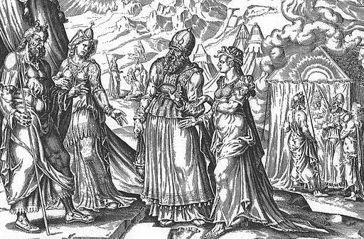 black ink drawing of medieval leaders in finery