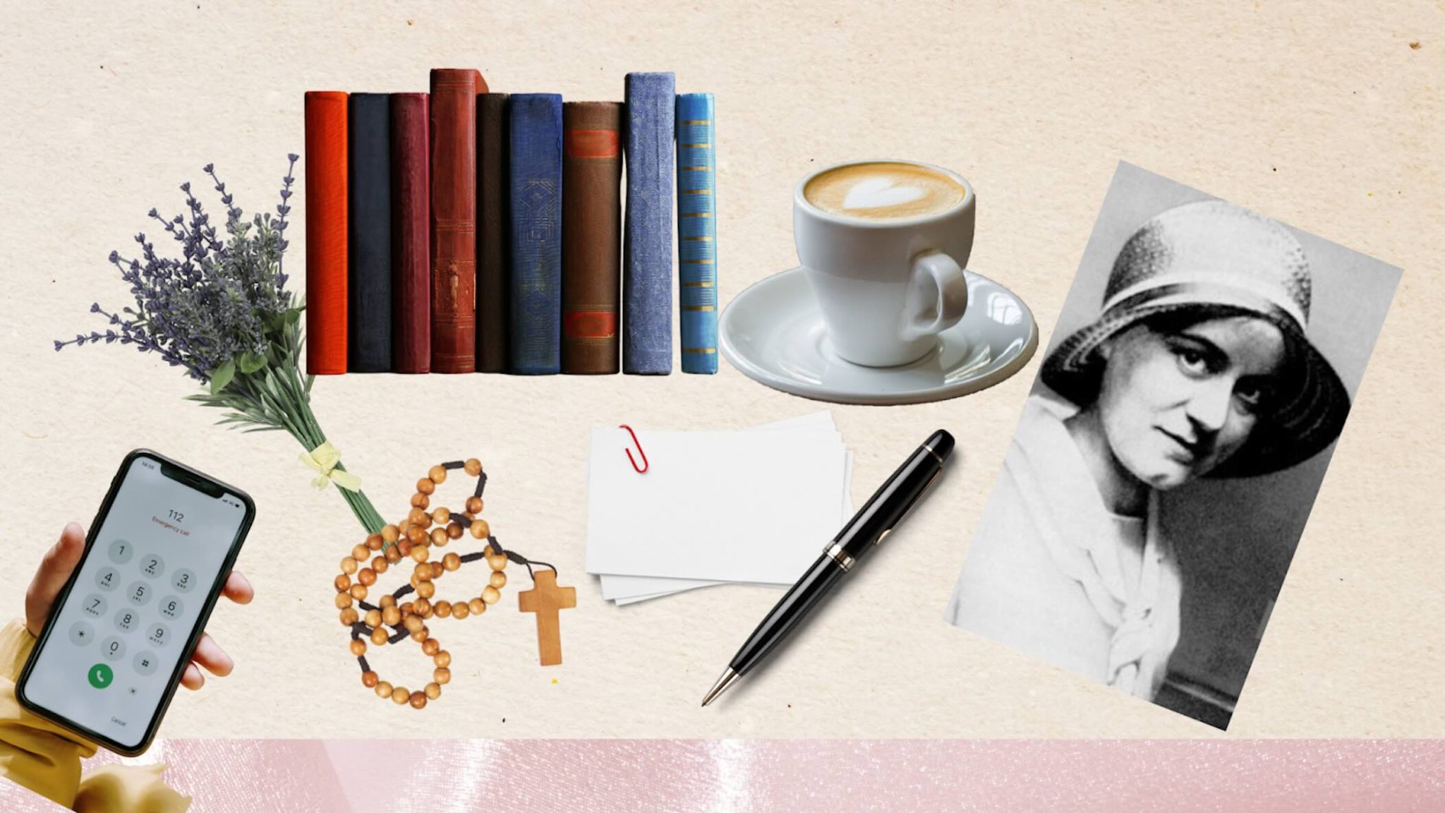A collage of images such as a row of books, an image of Edith Stein, flowers, notes, pen, and a cup of coffee.