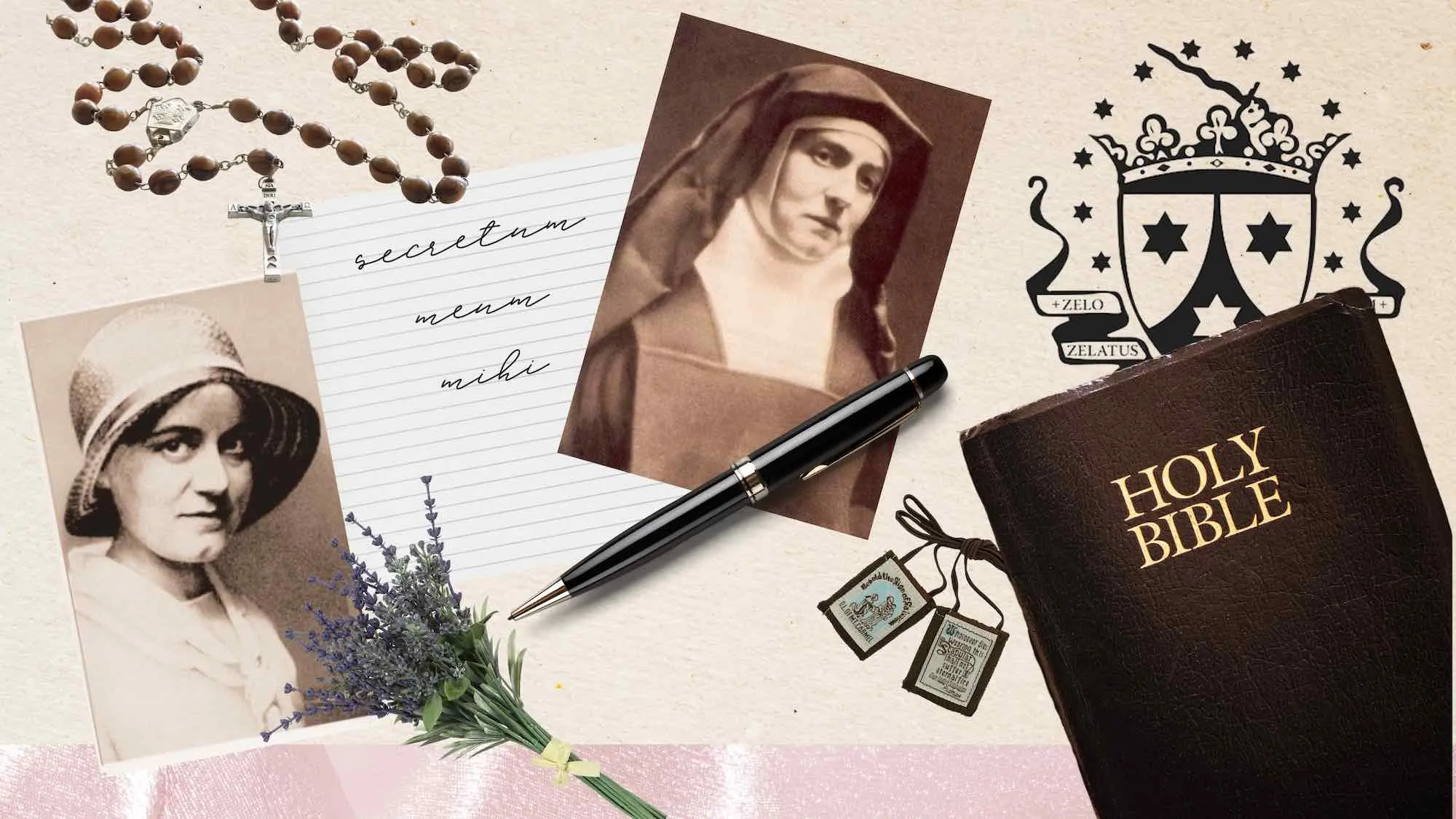 A collage of images such as a rosemary, an image of Edith Stein (St. Teresa Benedicta), a note, pen, and the Holy Bible.