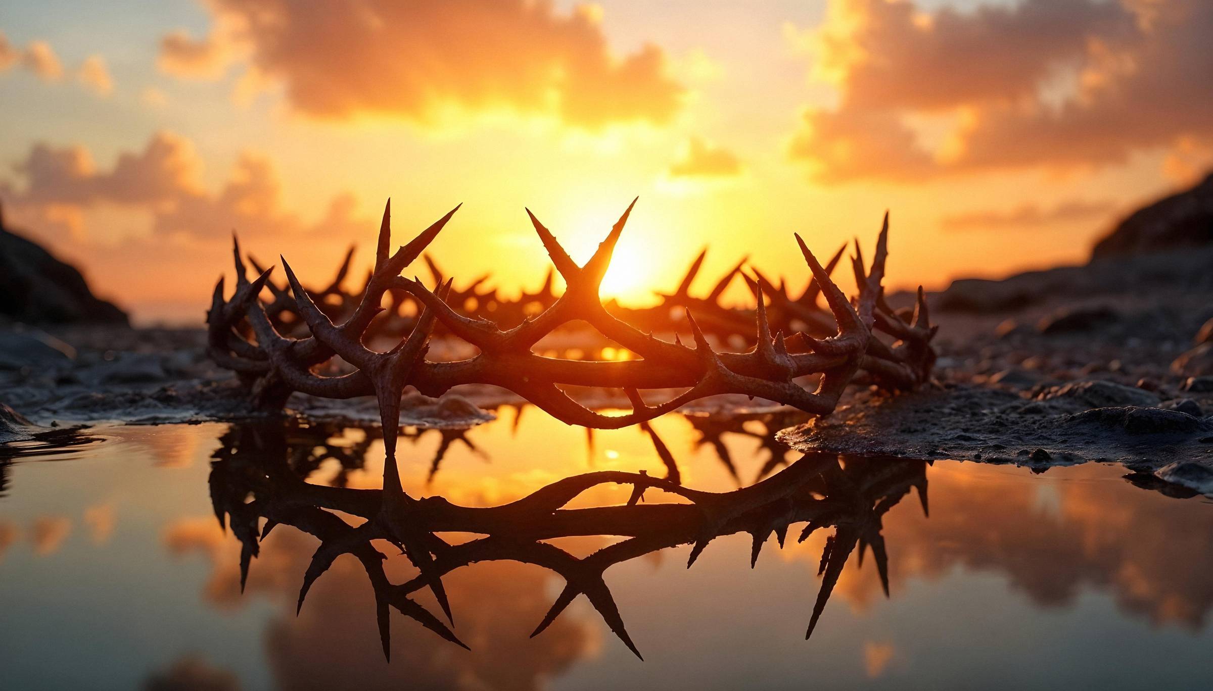 a thorn crown with a sunset in the background