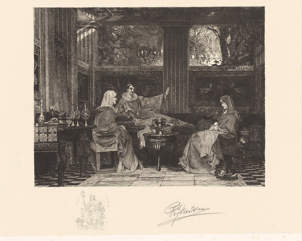 two women seated next to a man reclining on a couch, print
