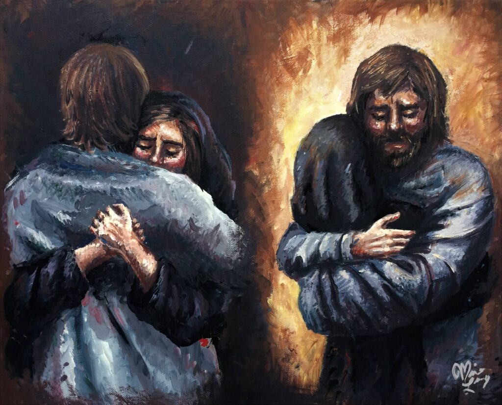 A dark picture of a man (Jesus) hugging two women