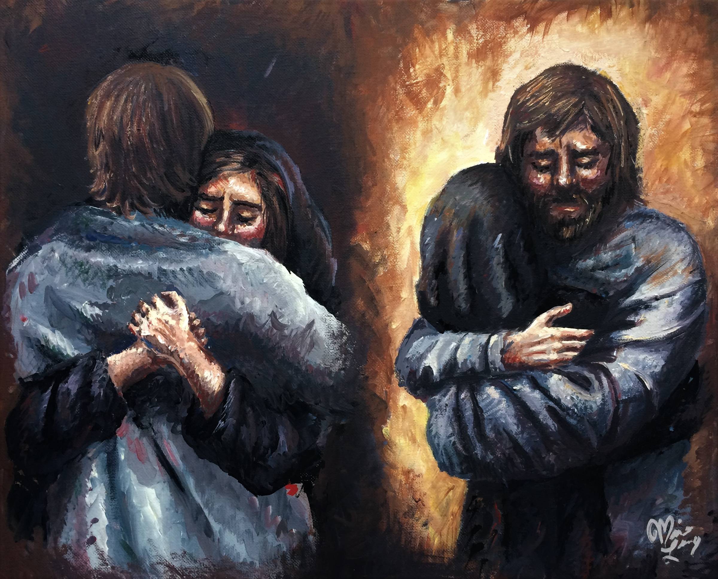 A dark picture of a man (Jesus) hugging two women