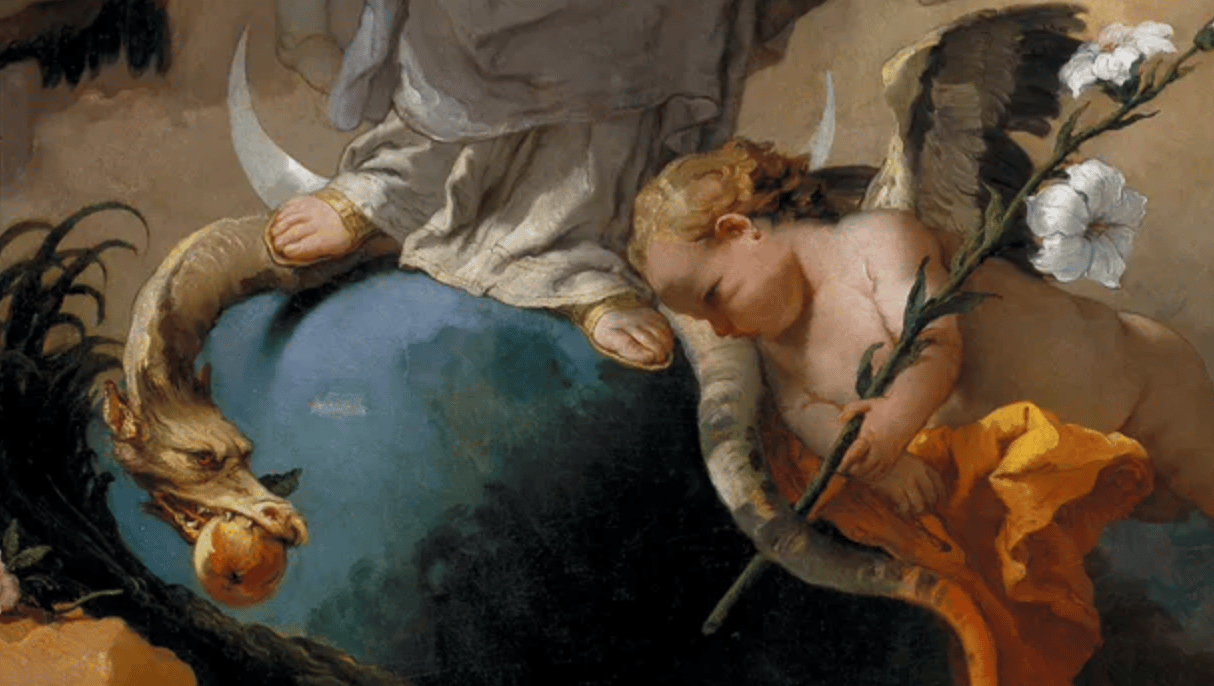 The serpent attacks the world with an apple, and an angel prays