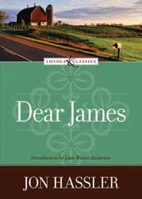 Book cover, "Dear James" with a farm on green background