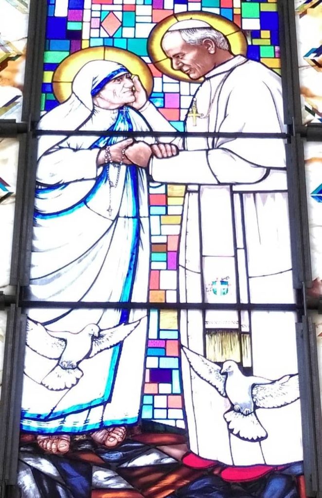 stained glass photo of Mother Teresa and John Paul II