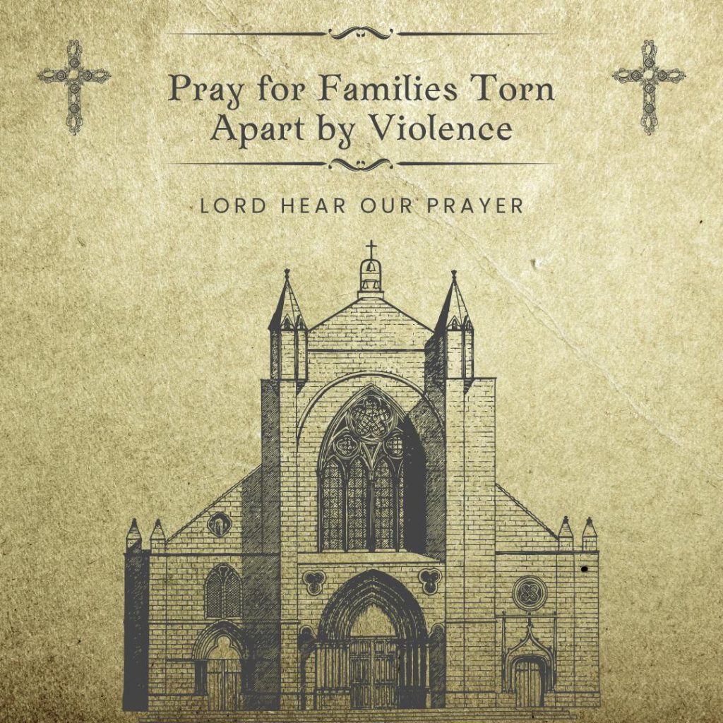 a church in a line drawing, with stained glass